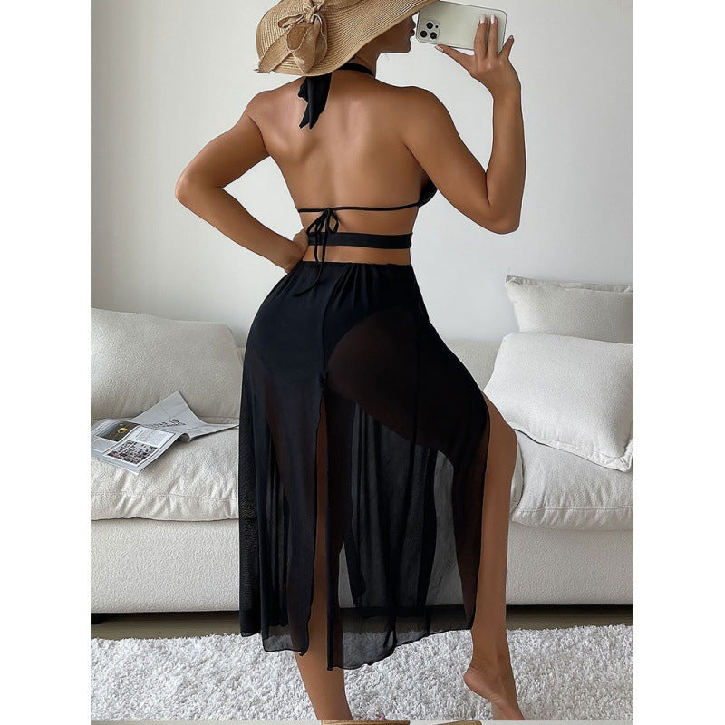 One-Piece Swimsuit for Women Solid Color Sexy Hollow Bikini Beach Mesh Long Dress Swimwear