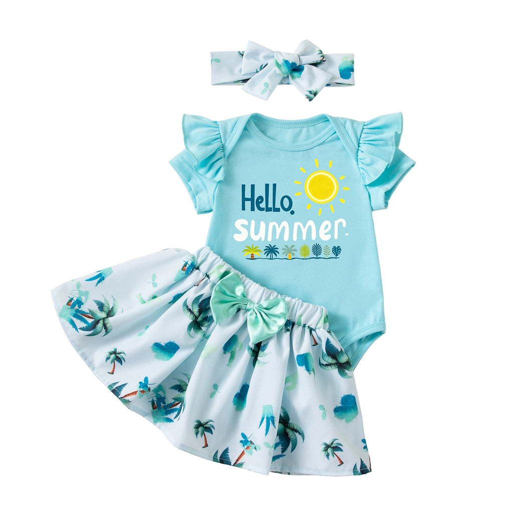 Children's Clothing for Girls Summer Beach-Style Three-Piece Set Short Sleeve Romper Coconut Tree Skirt Headband Set