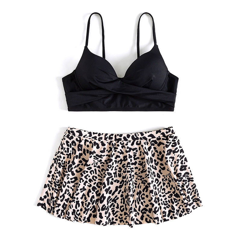 Two-Piece Bikini Set with Leopard Print Skirt Design for Cross-Border E-commerce