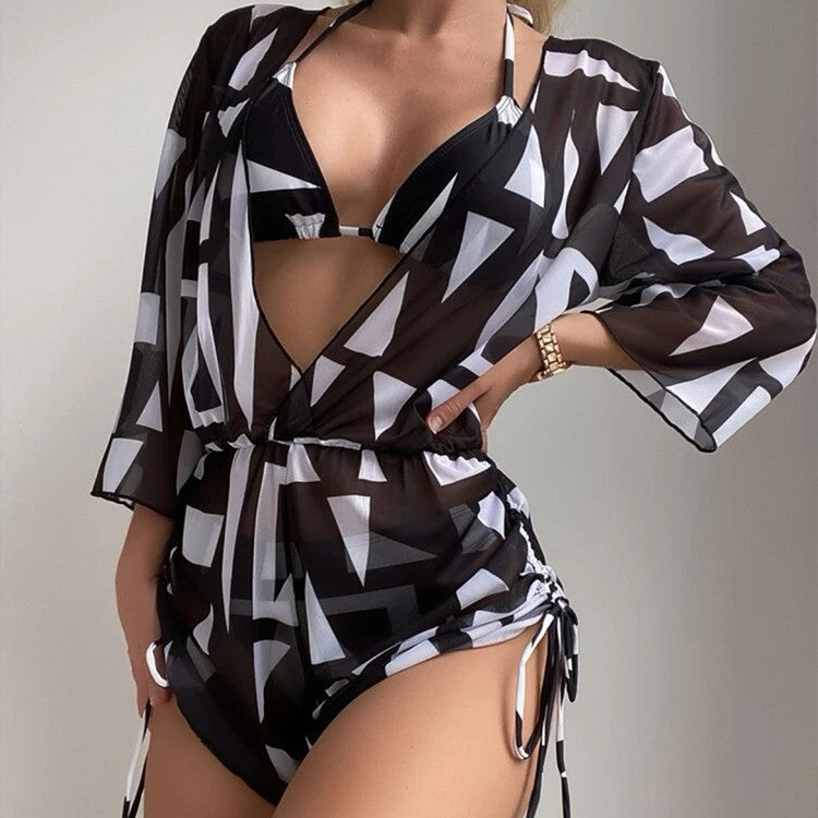 Deep V-long sleeved mesh jumpsuit printed neck tie bikini three piece set