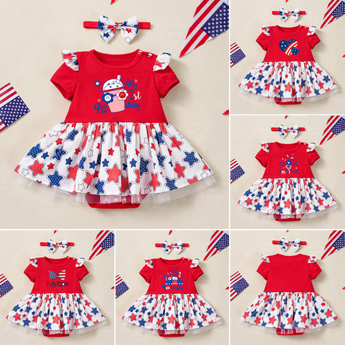Baby Girl Party Dress Printed Short Sleeve Star Satin Spliced Bodysuit Dress Infant Romper Summer