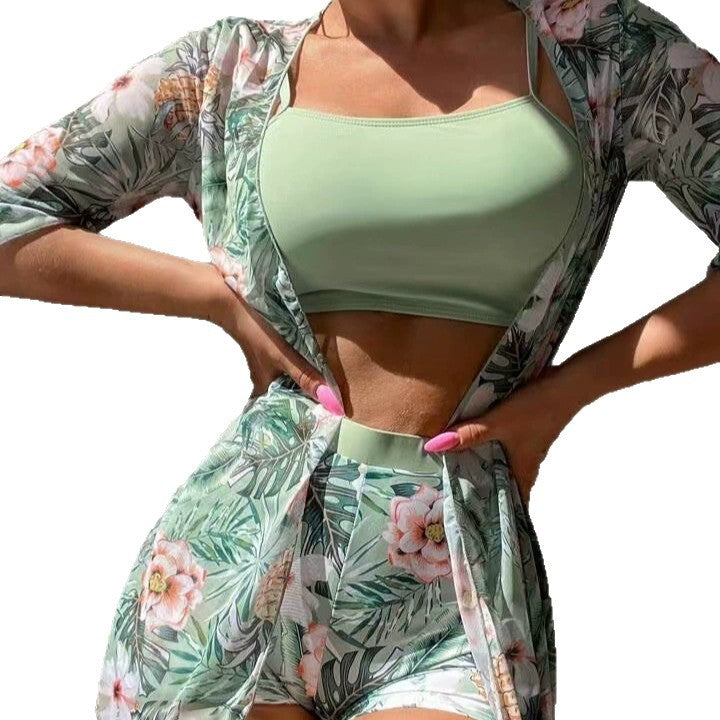 Flower print flat corner pants bikini mesh cardigan half sleeved cover up three piece set