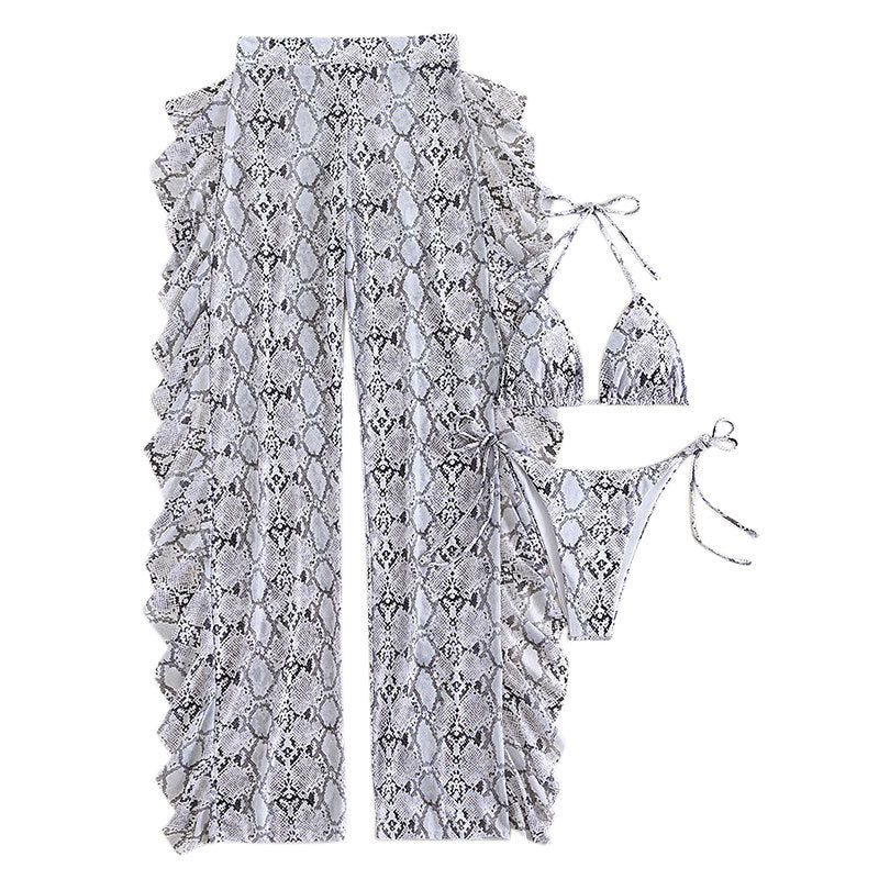 Backless Halter Snake Print Mesh Long Pants Three-Piece Swimsuit for Women