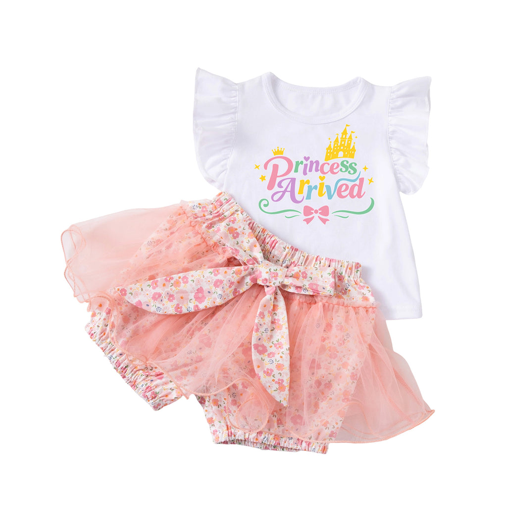 Girls Summer Princess Print Flutter Sleeve T-Shirt and Mesh Skirt Set, Baby Festival Party Outfit Two-Piece Set