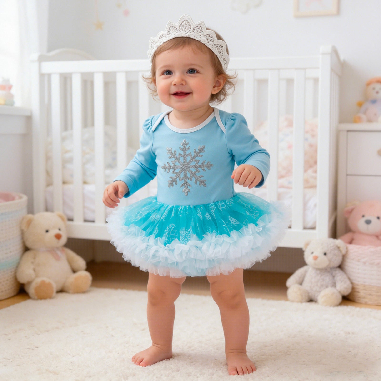 Spring Summer New Baby Frozen Short Sleeve Romper Dress with Crown Headwear 2-Piece Set Infant Clothes