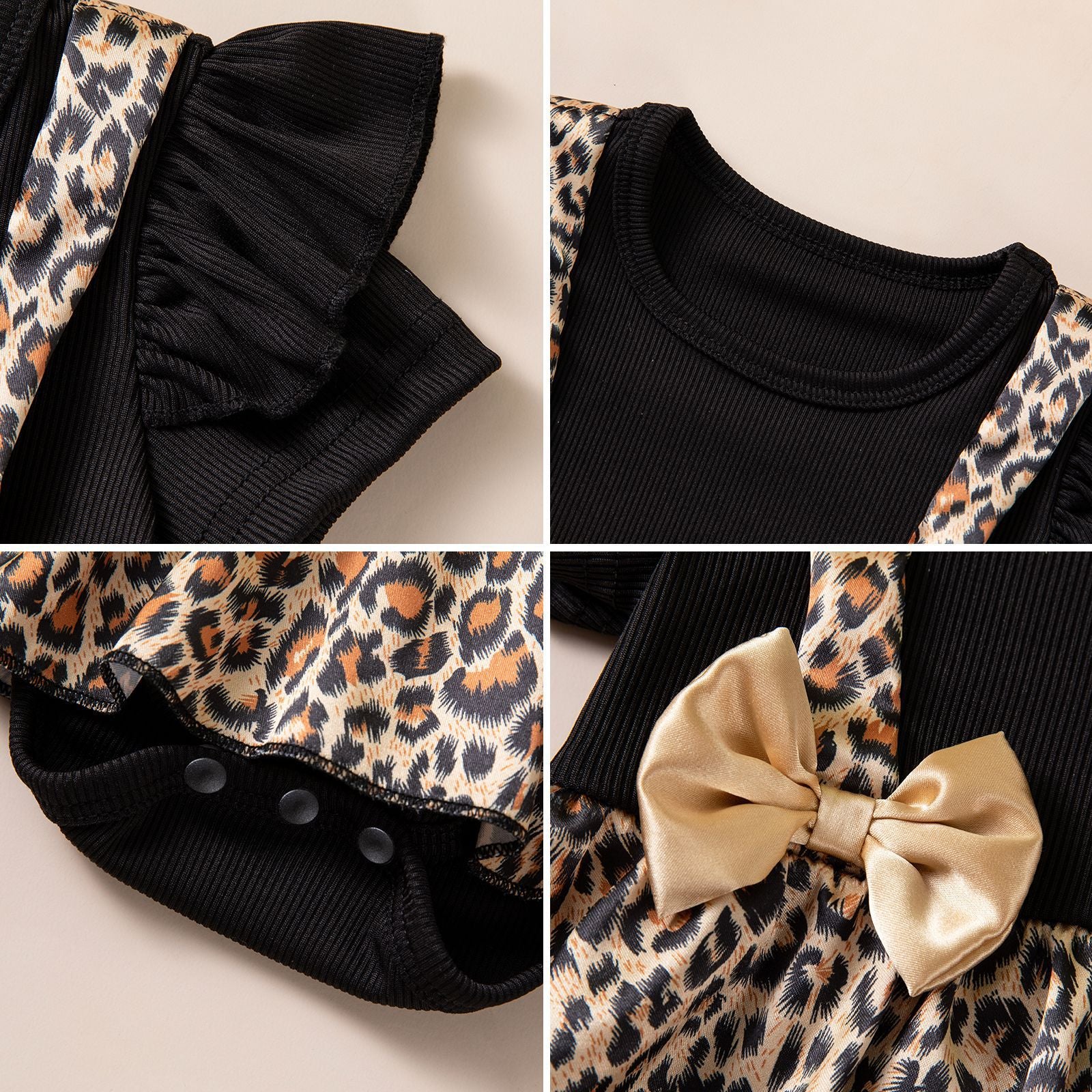 Baby Summer Outfit Girl Leopard Print Spliced Romper Dress with Bow Hairband Two-Piece Set Baby First Birthday Photo Princess Costume