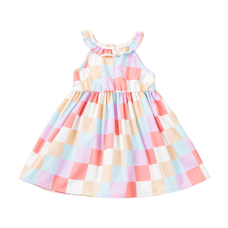Girls Sleeveless Dress Summer Printed Checkered Dress for Little Girls, Baby Tank Top Dress, Strap Princess Dress