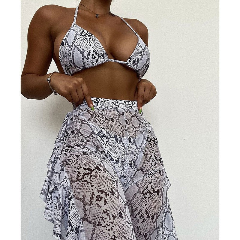 Backless Halter Snake Print Mesh Long Pants Three-Piece Swimsuit for Women