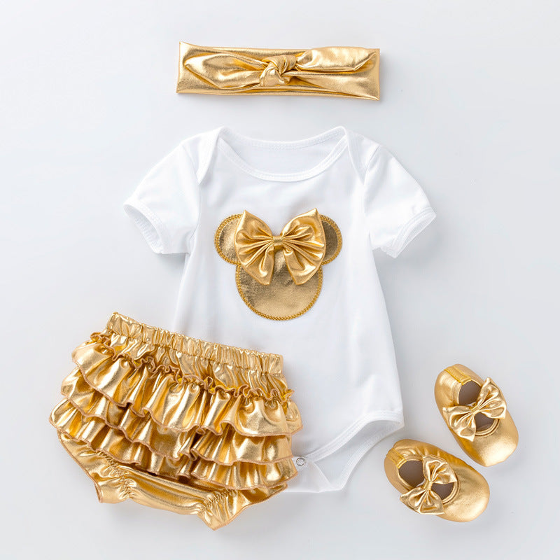 Exclusive Infant &amp; Toddler Outfit Set, Unisex Baby Cartoon Romper amp PP Pants 4-Piece Set, Princess Birthday amp; Celebration Party Wear
