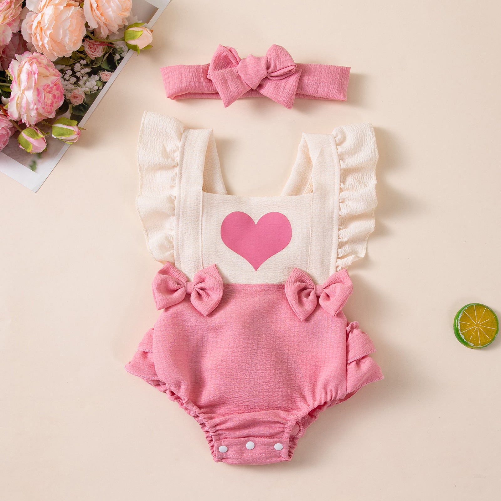 Baby Heart Bow Flutter Sleeve Romper for Girls, Summer Back Crossed Snap Onesie, Children's Clothing