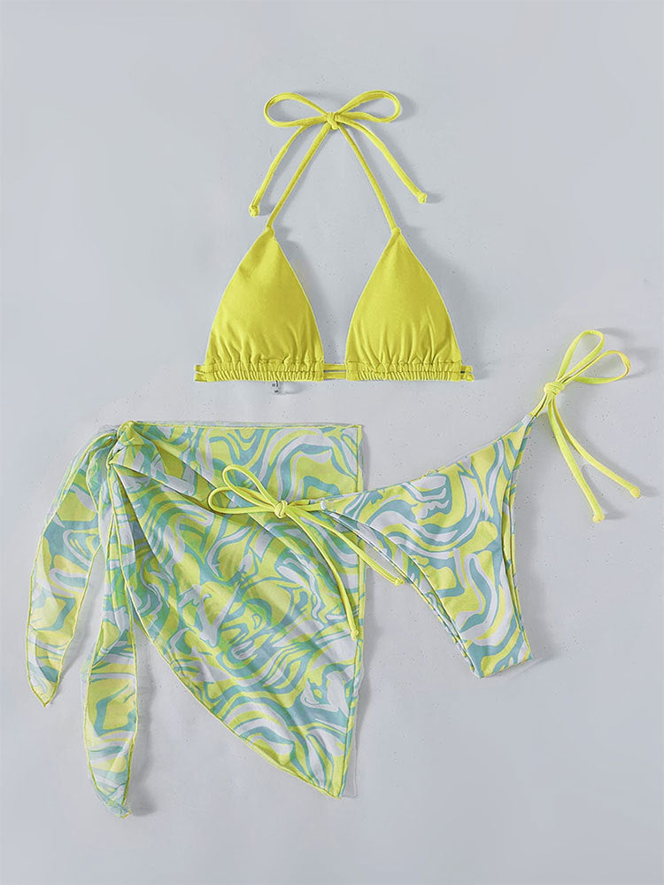 strappy mesh three-piece bikini halter neck beach swimsuit for women